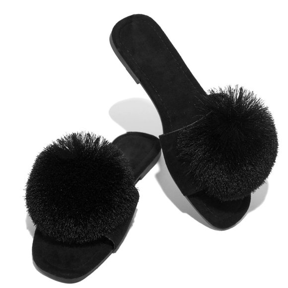 NEW🔥 Black Over-sized Fringe Pom Pom Slide Flat Sandal Flip Flops Open Toe - Picture 3 of 5